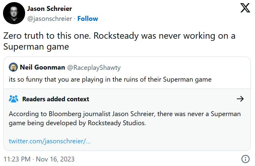 "Это не правда": Джейсон Шрайер опроверг слухи на тему разработки Rocksteady игры о Супермене