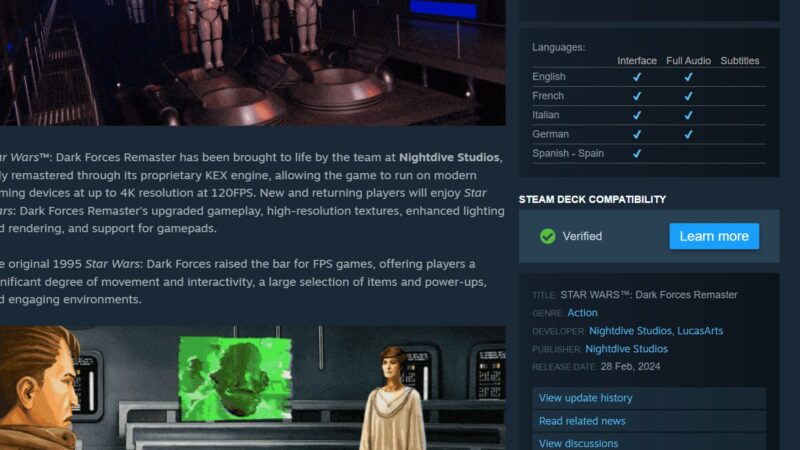 Ремастер классического шутера Star Wars Dark Forces получил полную поддержку Steam Deck